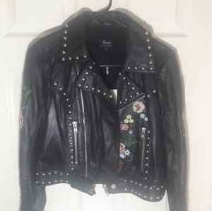 BARDOT BLACK LEATHER JACKET W/ FLORAL DESIGN